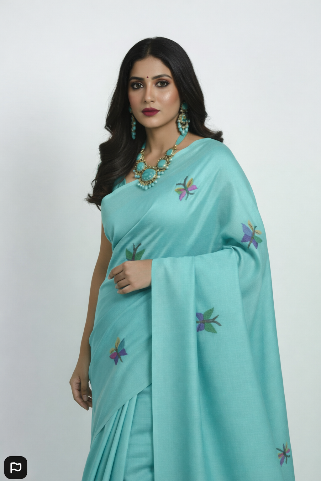 Mulmul Cotton Saree – Aqua Blue with Butterfly Motifs