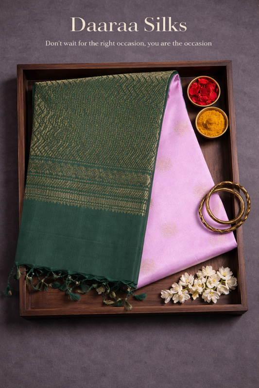 Brocade Silk-Body-Dark Green-gold zari pattern-Border-Lavender