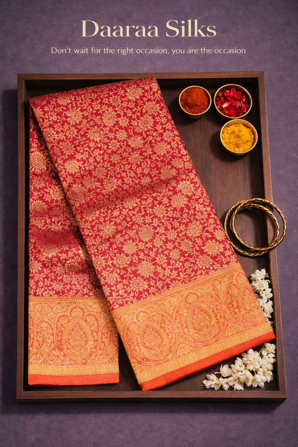 Brocade Silk- Body-Deep Red-Border-Orange-Gold