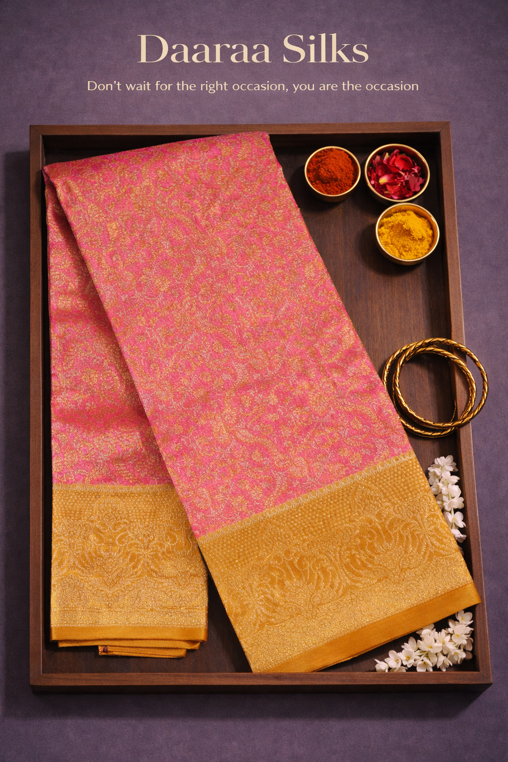 Kanchi Brocade Silk Saree – Rose Pink Body with Antique Gold Border