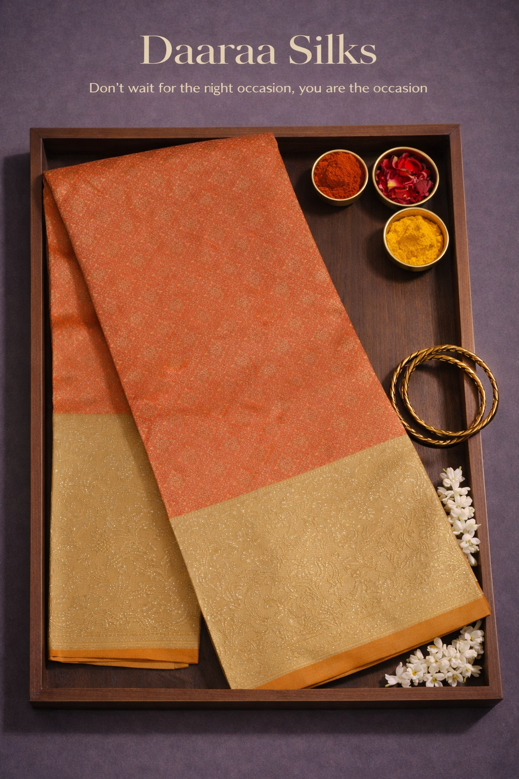 Brocade Silk-Body-Peach-Border-Champagne gold