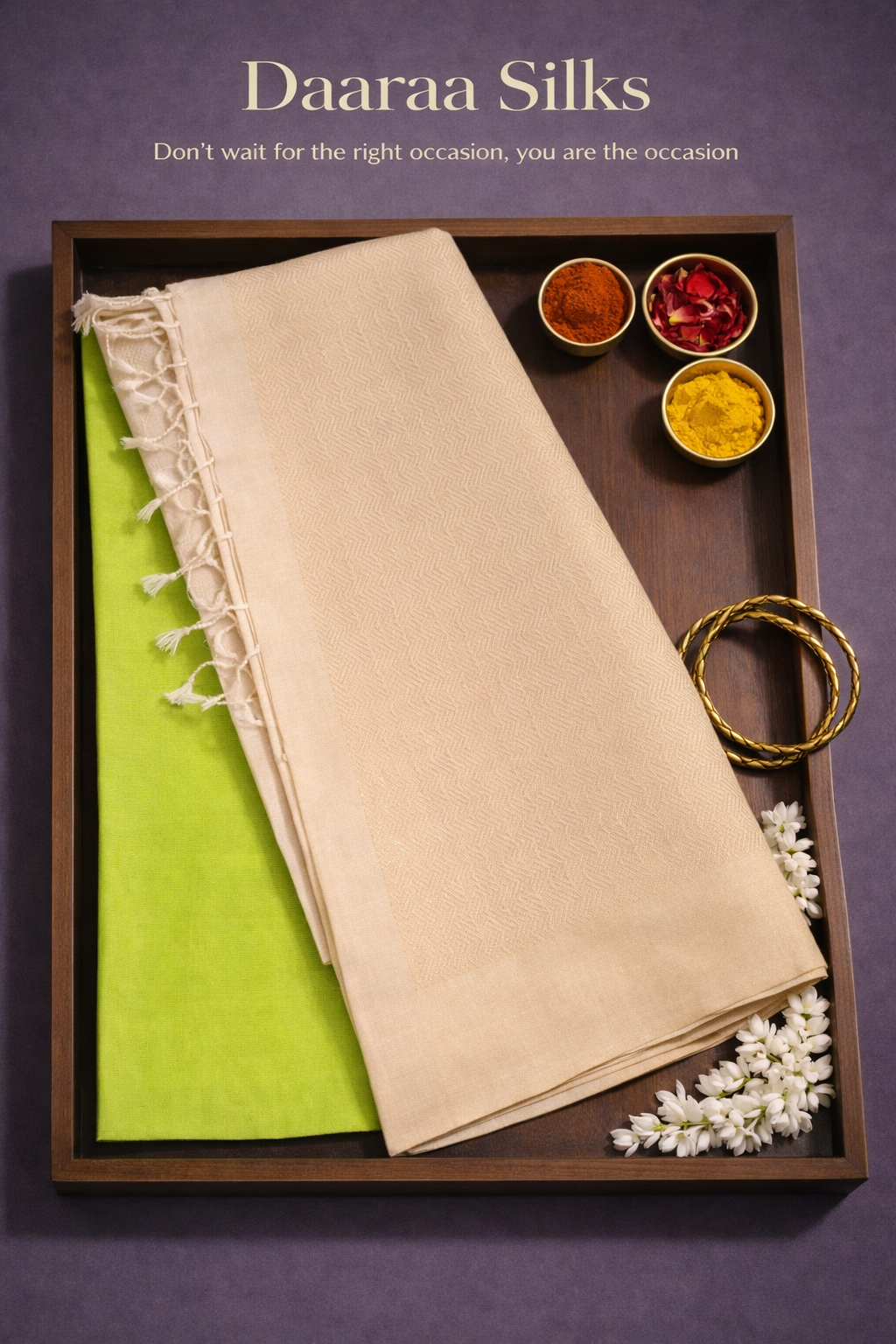 Kanchi Soft Silk Saree – Lime Green Body with Soft Beige Border