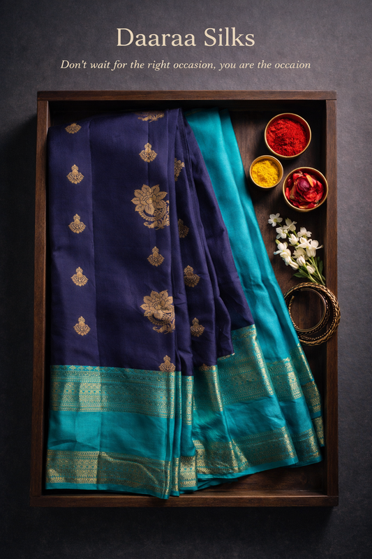 Kanchi Silk-Body-Dark Navy Blue, Border-Teal/Sea green