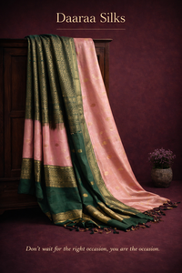 Kanchi Soft Silk Saree – Pink Body with Dark Olive Green Border & Gold Zari