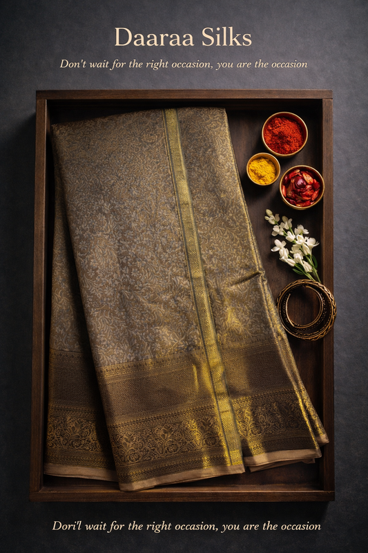 Kanchi Silk-Body-Antique gold-Floral vine jacquard weave