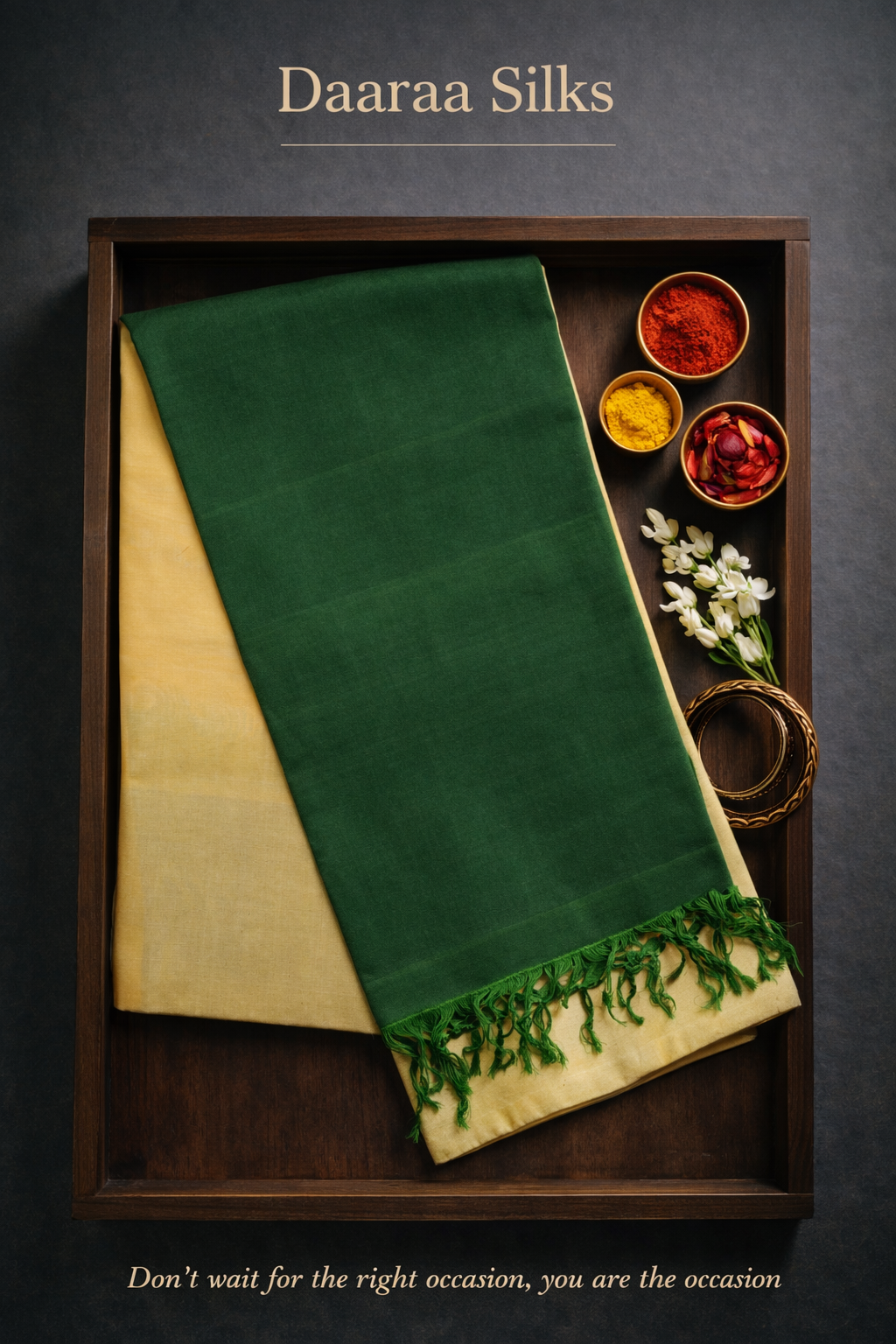 Kanchi Soft Silk Saree – Pale Gold Body with Emerald Green Pallu
