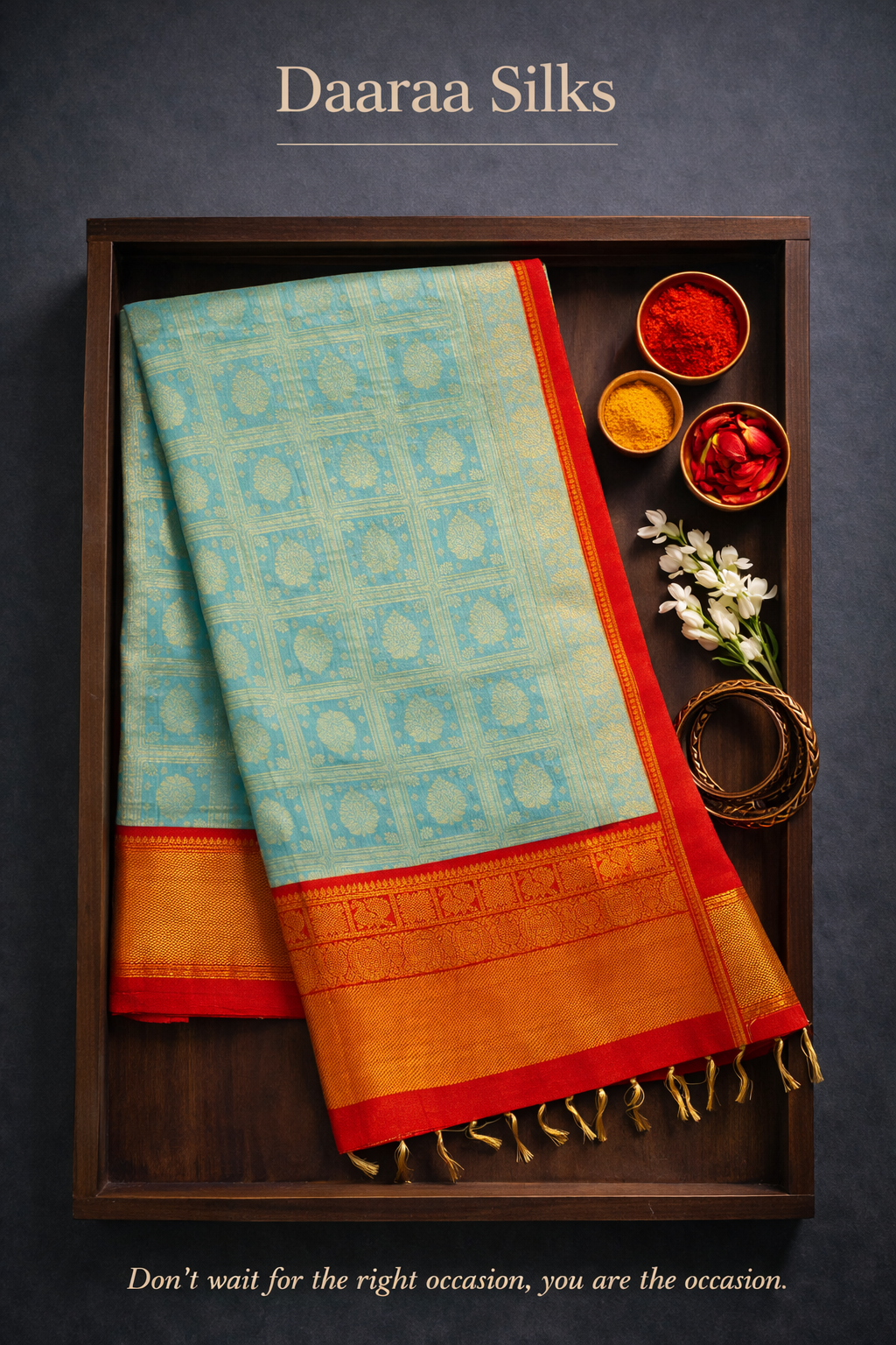 Kanchi Silk-Body-Pastel Turquoise Blue-Border-Rich Vermilion Red