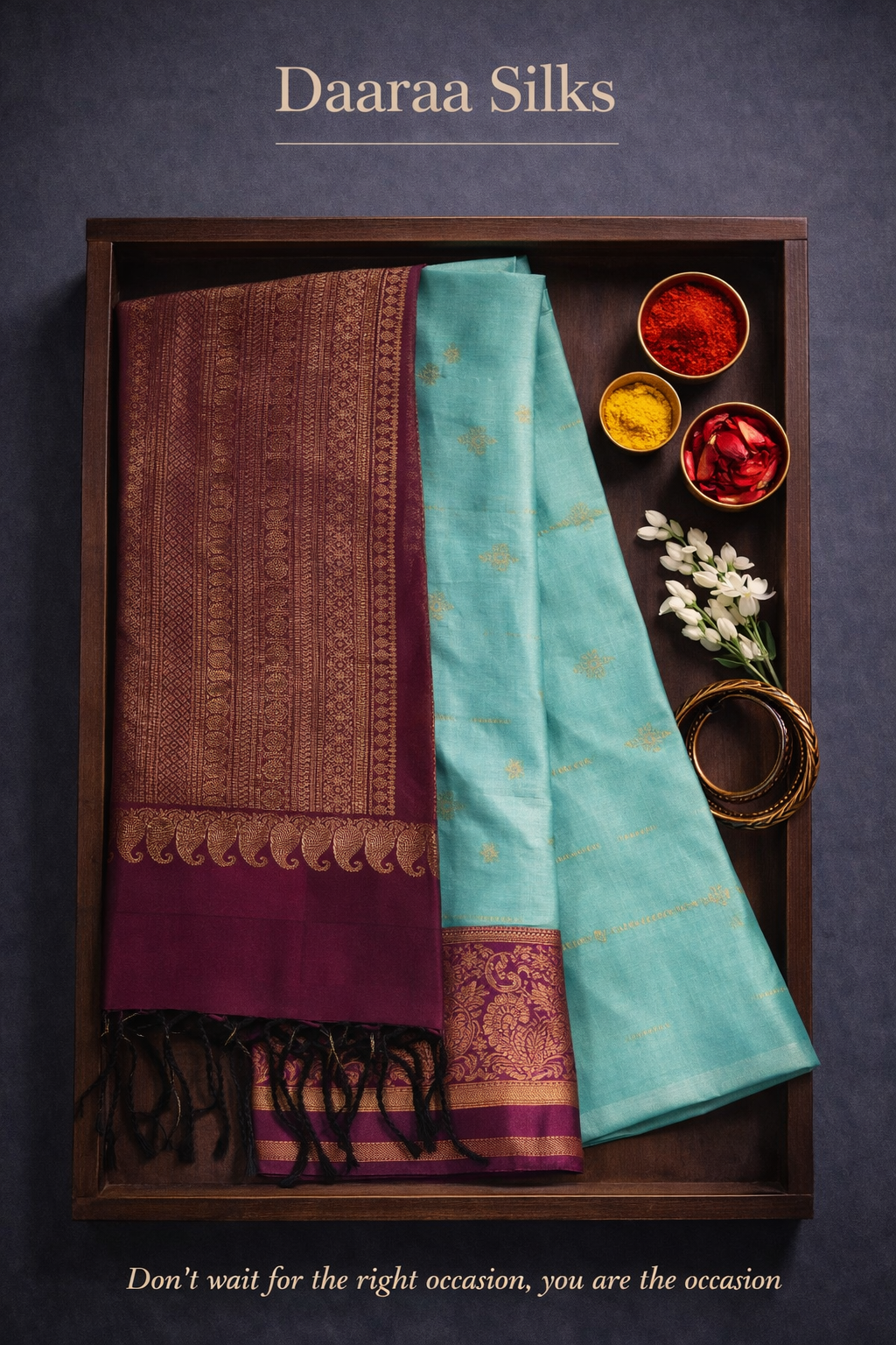 Kanchi Soft Silk Saree – Sea Green with Subtle Gold Buttas & Deep Wine Border