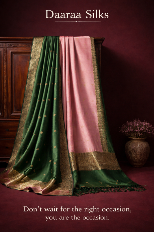 Soft Silk-Body-Soft Rose Pink-Border-Deep bottle green with antique gold zari