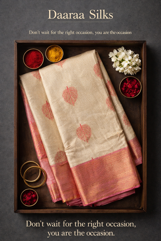 Kanchi Silk-Body-Soft Champagne Gold-Border-Rich Rose Pink-Gold zari weaving