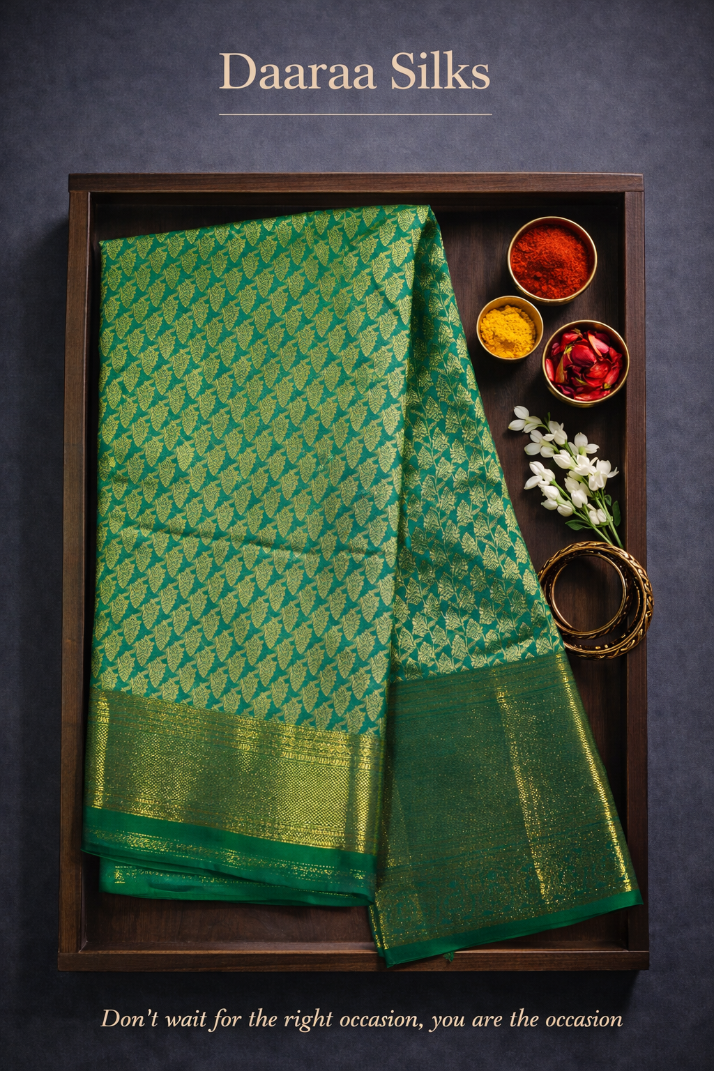Brocade Silk -Body-Rich Emerald Green-Gold zari-geometric buttas-Border-Emerald Green -Broad Gold zari