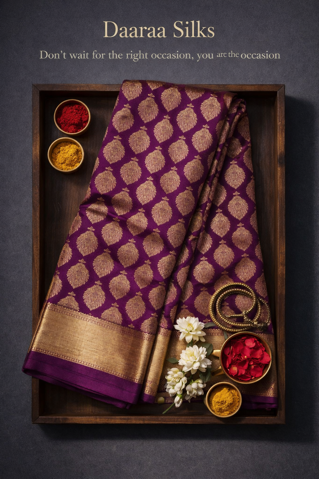 Kanchi Silk-jacquard-woven buttas-Deep wine purple-Antique gold zari