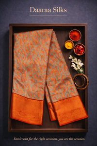 Kanchi Soft Silk Saree – Soft Peach with Mint Green Leafy Motifs & Burnt Orange Pallu