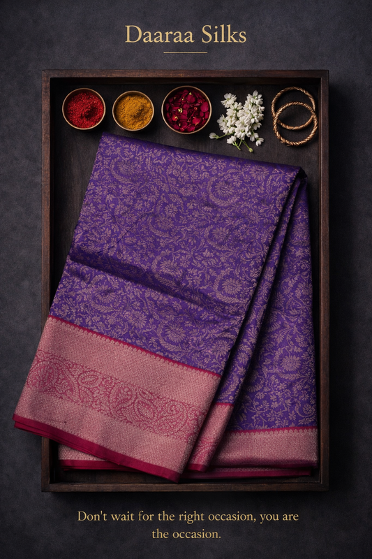 Kanchi Soft Silk Saree – Royal Purple Body with Muted Rose-Pink Border