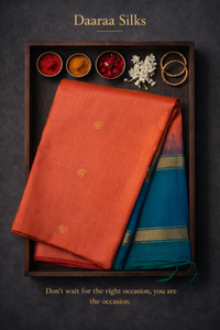 Kanchi Soft Silk Saree – Orange Body with Peacock Blue Border