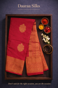 Kanchi Soft Silk Saree – Tomato Red Body with Long Gold Border