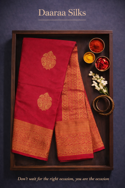 Kanchi Silk-Body-Tomato red-Border-Long Gold