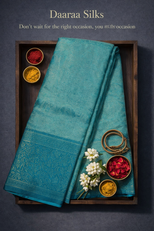 Kanchi Silk-Body-soft aqua / sea-green-self-jacquard floral pattern-deeper teal border