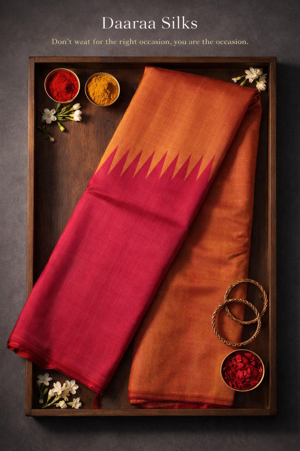 Kanchi Soft Silk Saree – Rust Orange Body with Rising Temple Border & Deep Rani Pink Pallu