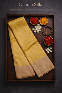 Kanchi Soft Silk Saree – Mustard Gold with All-Over Floral Vine Jacquard Weave