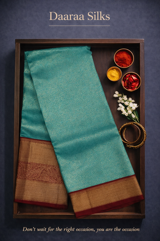 Kanchi Silk-Body-Sea-green-Deep maroon border-self-jacquard weave