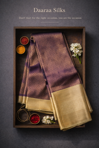 Kanchi Brocade Silk Saree – Deep Aubergine Body with Soft Pale Gold Border