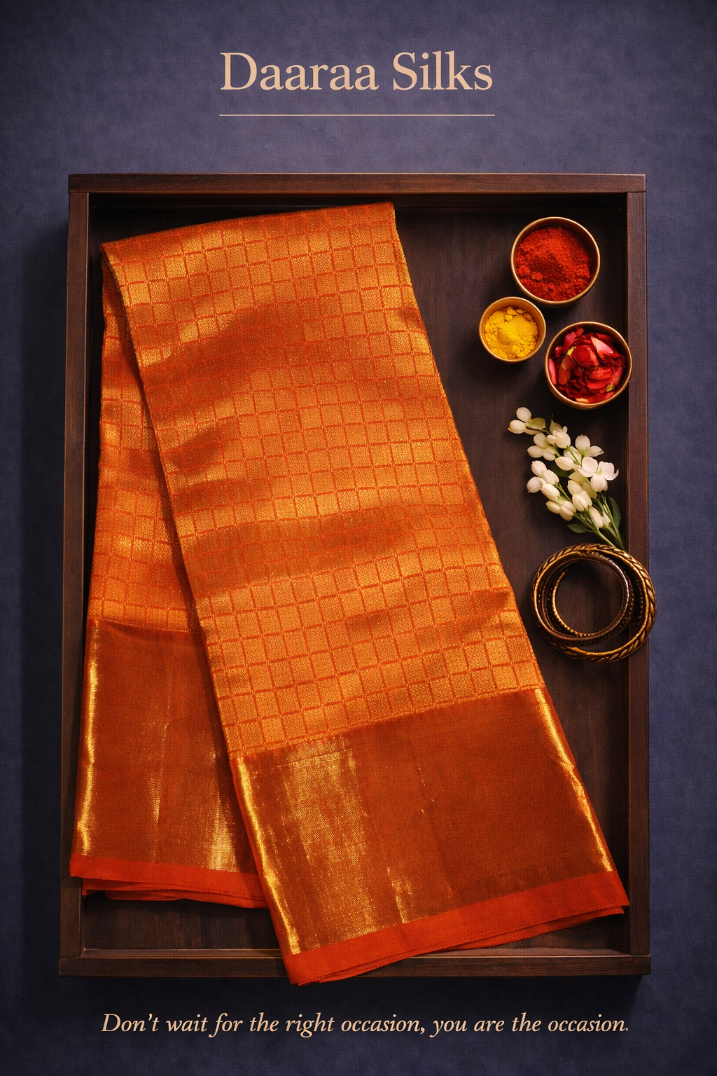 Brocade Silk-Body-Orange-Gold zari check pattern-Border-Solid Broad Gold Zari Panel