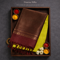 Kanchi Soft Silk Saree – Lemon Green Body with Deep Coffee Brown Border