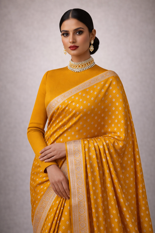 Banarasi Saree-Mustard yellow small silver Buttas