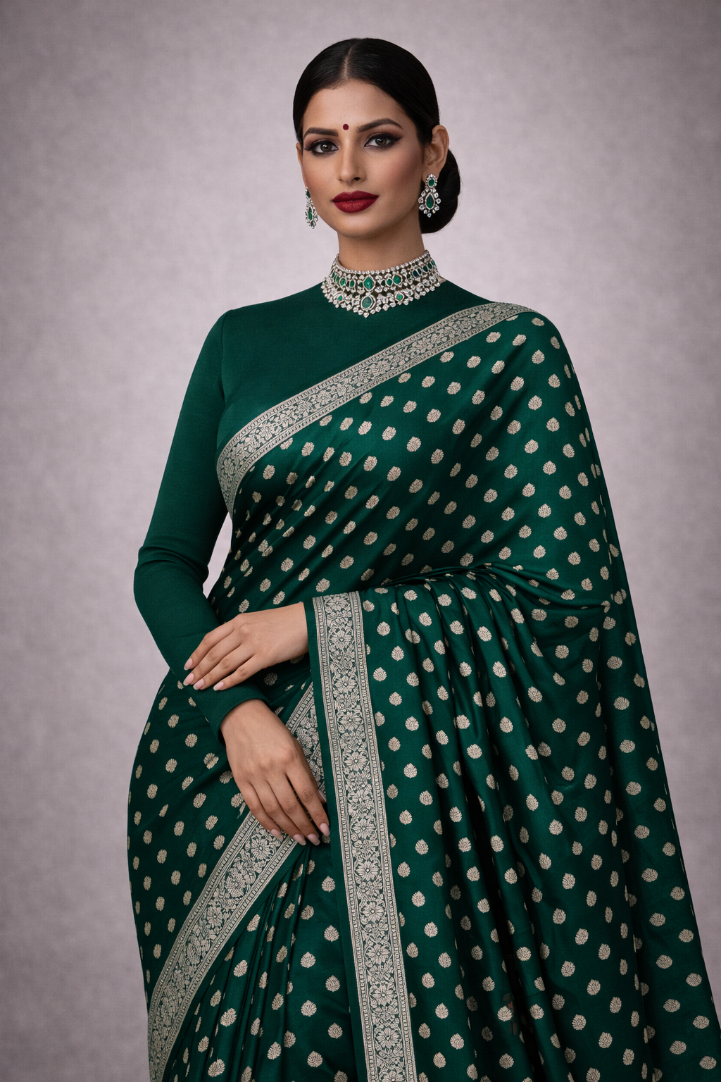 Banarasi Saree-Deep Emerald Green -Small silver buttas