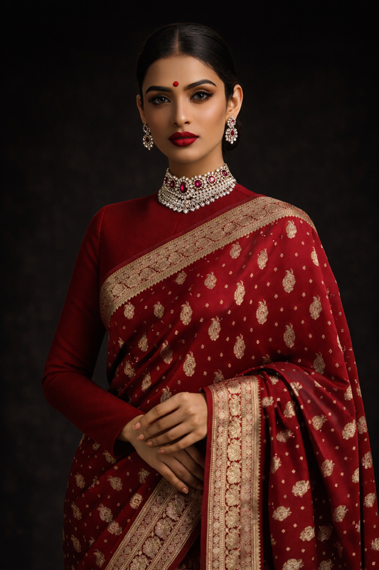 Banarasi Sarees-Blood Red-Sitara Booti