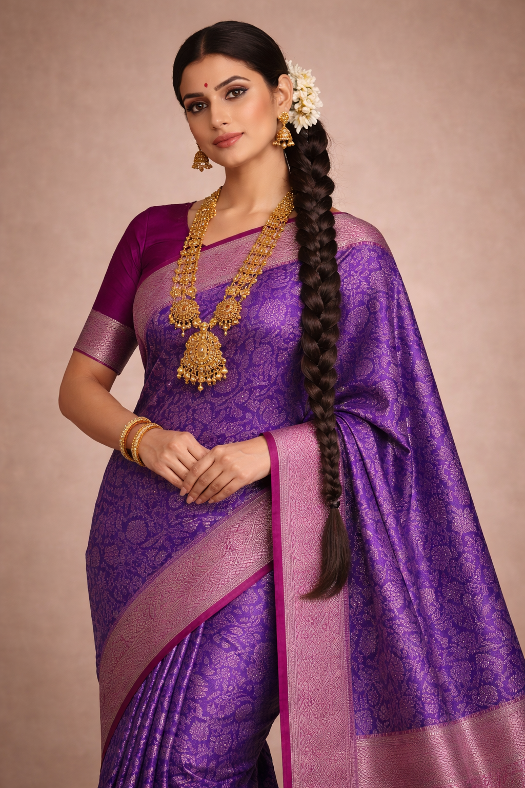 Kanchi Silk- Body color: Royal purple ,Border color: Muted rose-pink