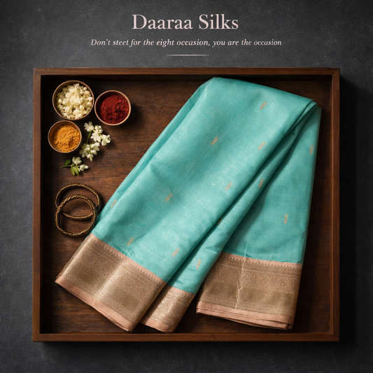 Kanchi Silk-Body-Soft Aqua-Border-Rich antique gold zari