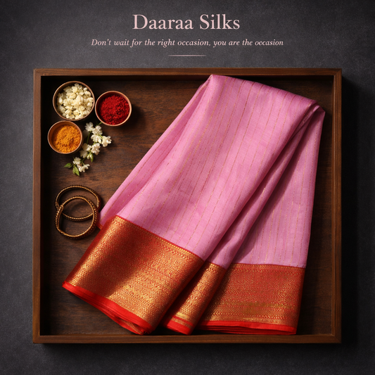 Kanchi Silk- Body-Soft Blush Pink-Border-Rich Deep Red (vermillion)-Zari