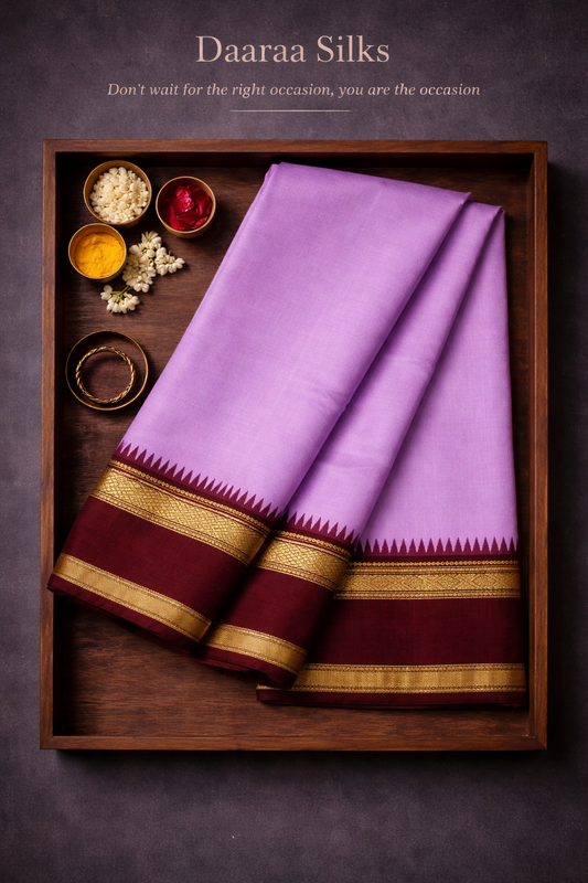 Kanchi Silk-Body-lilac purple-Border-bentex - Deep wine maroon- Traditional temple-style border