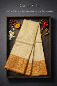 Kanchi Soft Silk Saree – Pale Butter Cream with Mustard Gold Border & Floral Butta
