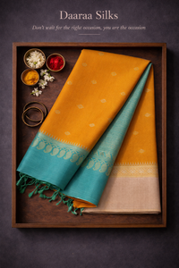 Kanchi Soft Silk Saree – Mustard Yellow Body with Teal Green Border
