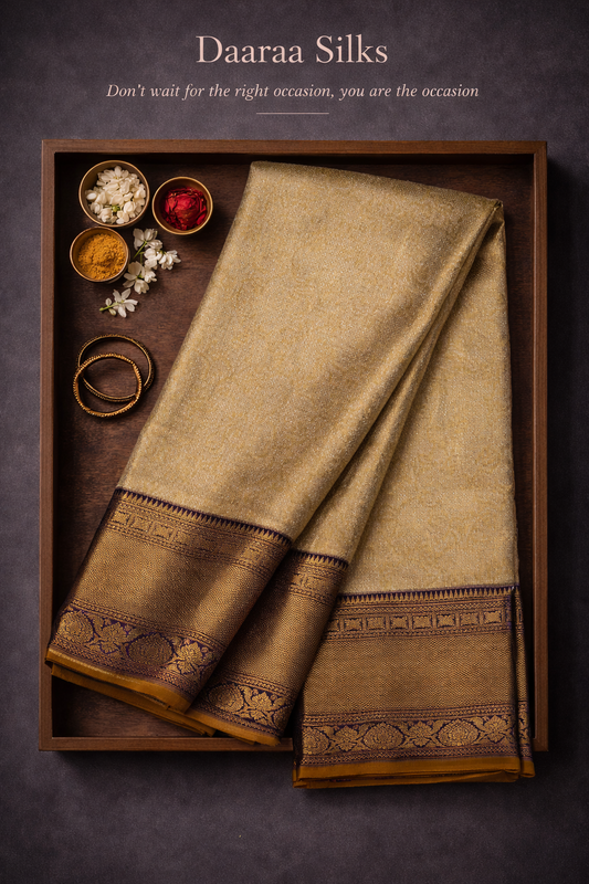 Kanchi Silk-Body-soft antique gold-cream-gold and honey-gold-self-jacquard floral pattern-deep antique gold zari with dark navy/ink-blue accents