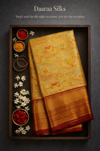 Kanchi Soft Silk Saree – Warm Golden Mustard with Deep Maroon Border & Heavy Antique Gold Zari
