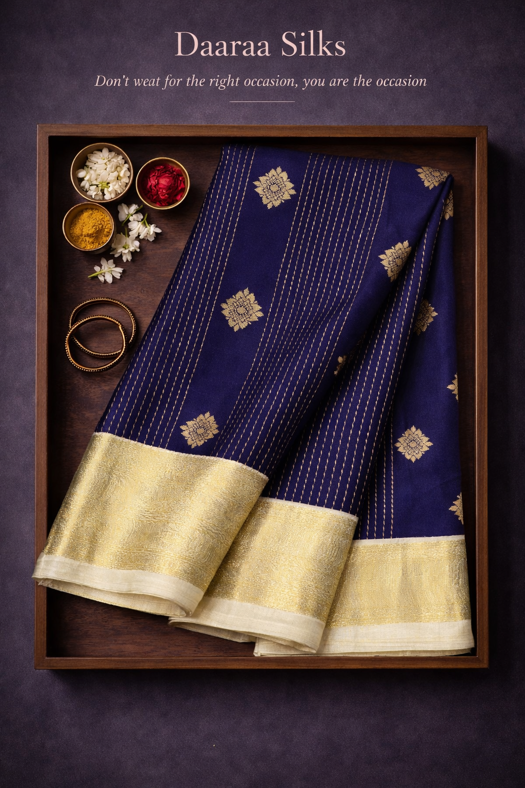 Kanchi Silk-Body-Deep navy blue-Fine vertical zari pinstripes-Floral buttas