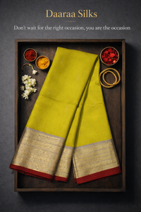Kanchi Soft Silk Saree – Lime Green Body with Muted Grey Pallu & Maroon Edging