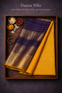 Kanchi Soft Silk Saree – Mustard Yellow Body with Deep Royal Purple Pallu