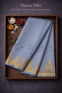 Kanchi Soft Silk Saree – Ash Blue Body with Gold Temple Border