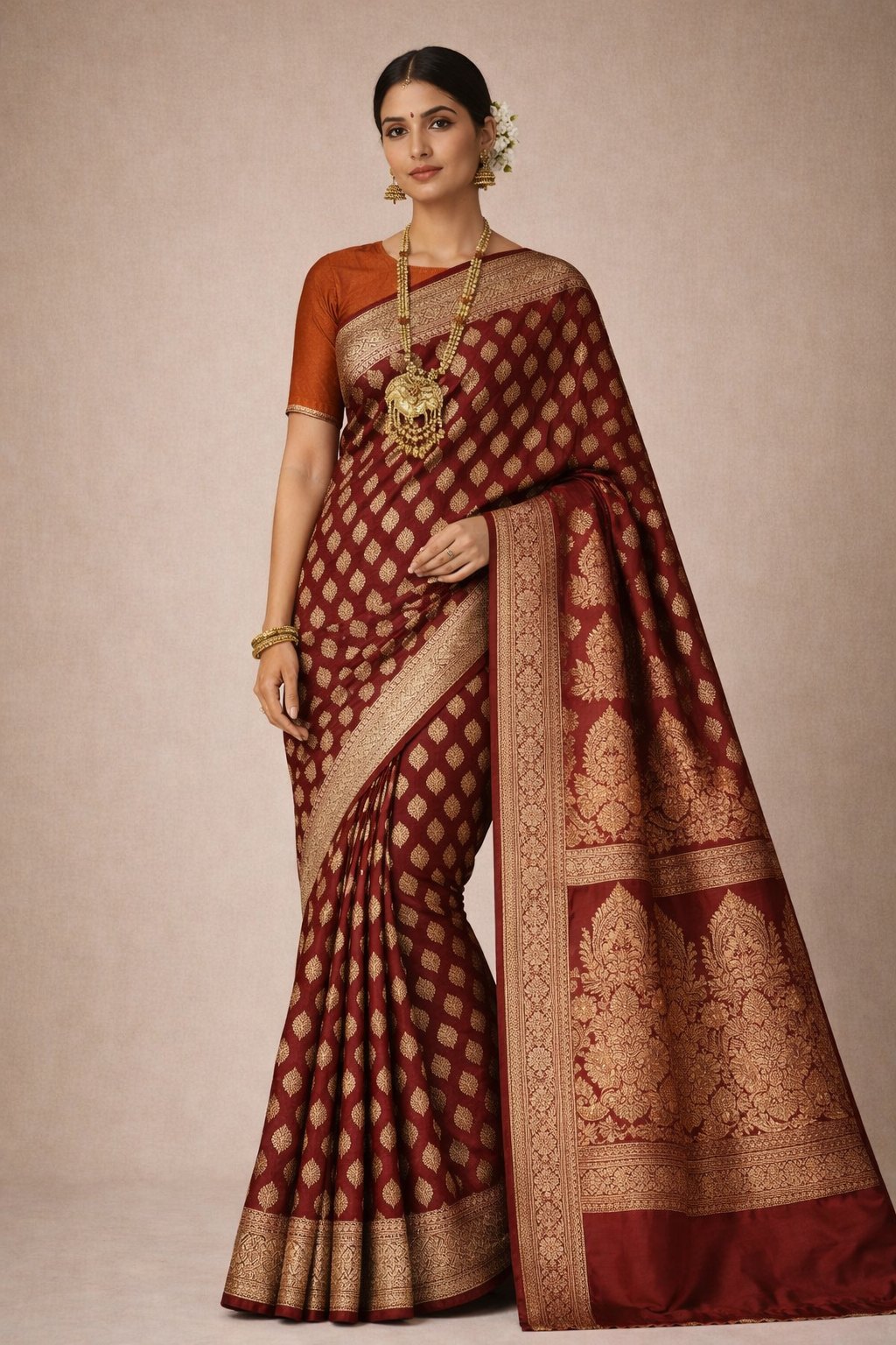 Banarasi Saree – Maroon with Big Butta Motifs