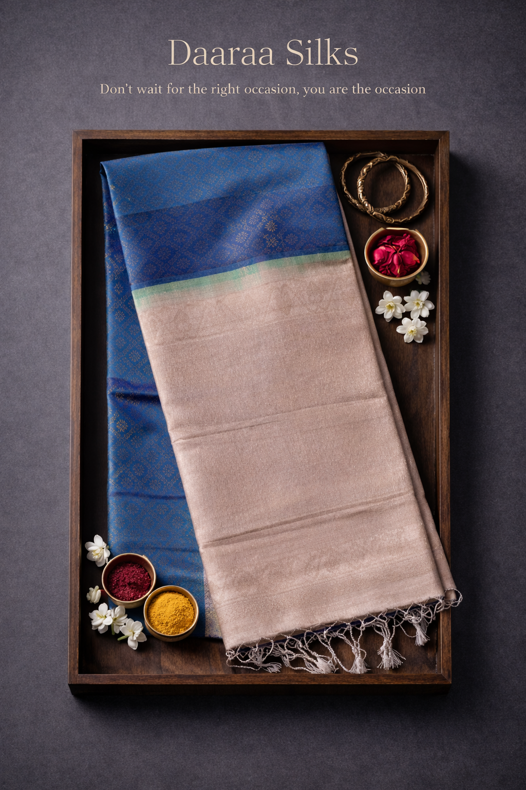 Soft Silk-Body-Teal–blue-All Over Woven Jacquard pattern -Border & Pallu-Soft champagne beige