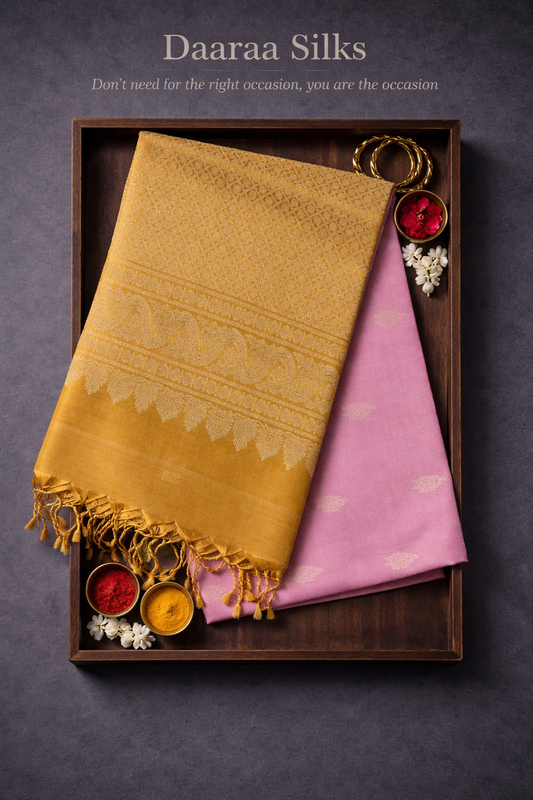 Soft Silk-Self-jacquard weave-Body-soft pastel pink-Pallu/Border-Rich mustard