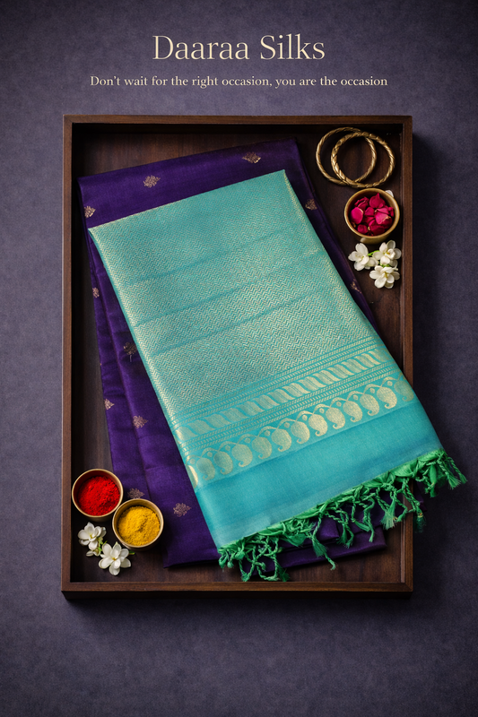 Soft Silk-Deep Royal Purple-Border-Pallu-Rich teal