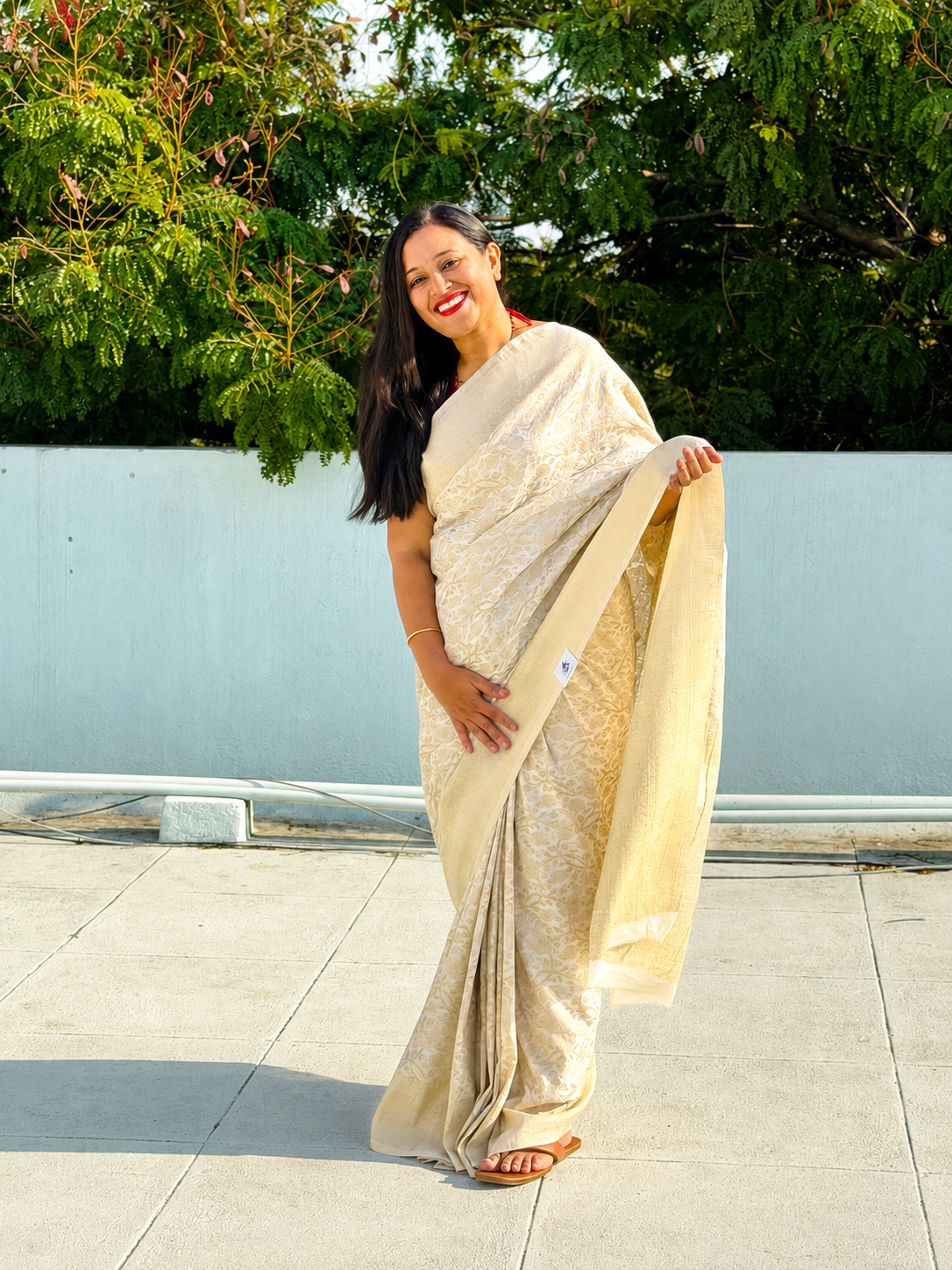 Semi Banarasi half white georgette saree with Banarasi-inspired zari motifs, Daaraa Silks