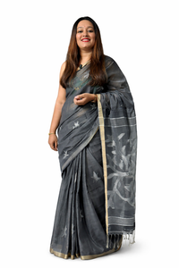 Khadi Jamdani Saree – Grey with Silver Floral Weave