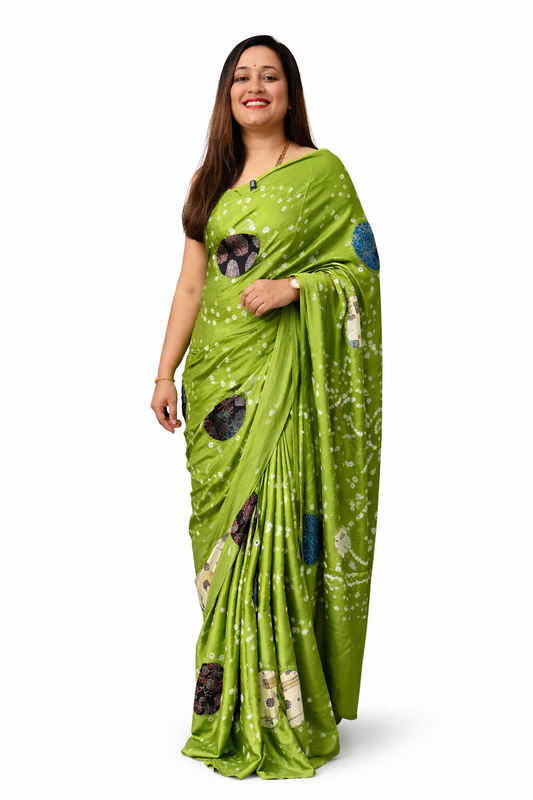 Pure Modal Bandhej Mushroo ajrakh Patch Work - Green